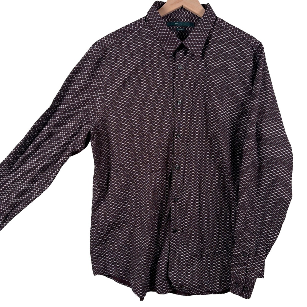 Perry Ellis Non Iron Shirt Mens XL Burgundy Geometric Long Slv Cotton Button Up